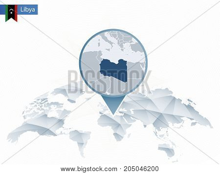 Abstract Rounded World Map With Pinned Detailed Libya Map.