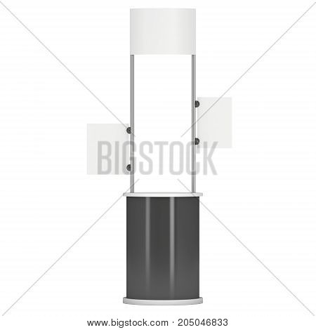 Stall or Kiosk Modern Promostand Reception Desk. Trade show booth white and blank. 3d render illustration isolated on white background. Template mockup for your expo design.