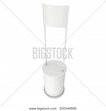 Stall or Kiosk Modern Promostand Reception Desk. Trade show booth white and blank. 3d render illustration isolated on white background. Template mockup for your expo design.