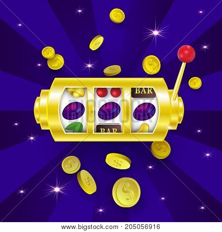 Casino banner, poster design with slot machine showing a winning combination with three plum signs, vector illustration. Jackpot slot machine, winning combination, three plum signs, banner design