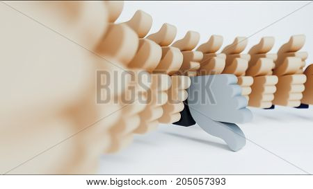 3d illustration of one thumb down sign in an all thumbs up group protesting or disliking an idea or person.