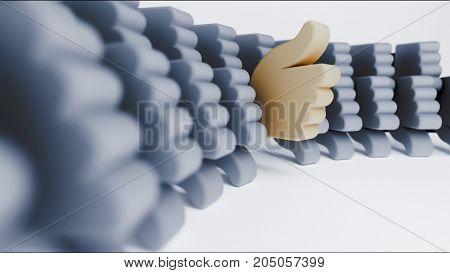 3d illustration of one thumb up sign in an all thumbs down group approving or liking an idea or person despite everyone else disapproving.