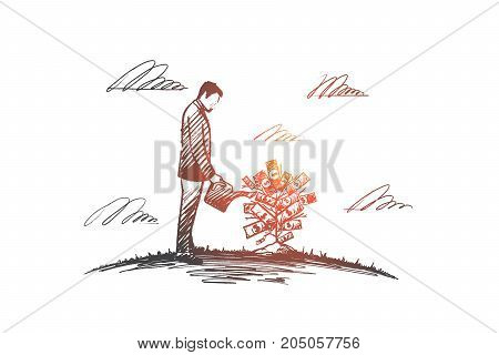 Money tree. Hand drawn growing money tree. A man watering money tree isolated vector illustration.