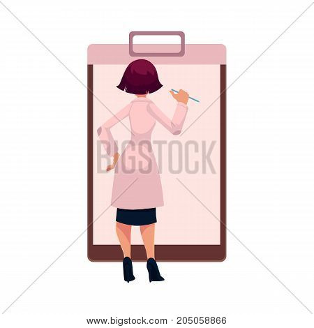 Young woman doctor writing in huge, giant medical card, patient chart, cartoon vector illustration isolated on white background. Cartoon woman doctor filling in huge, giant medical card