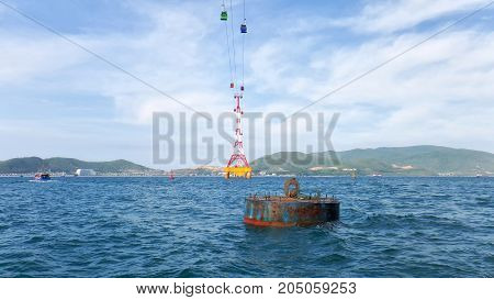 cable car through the sea to the island, Nyachang, Vietnam