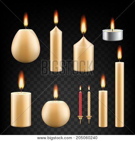 Vector set of burning candles. Realistic 3d candle icon set on transparent background.