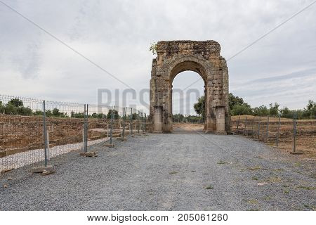 View of Arch of Caparra, old roman city in Caceres, Extremadura. Spain