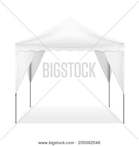 Realistic folding outdoor tent of square shape with metal poles isolated on white background 3d vector illustration