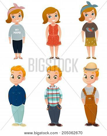 Cartoon set of cute children wearing colorful casual clothing and accessories isolated on white background vector illustration