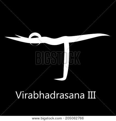 Warrior III Pose, Virabhadrasana III. Yoga Position. Vector Silhouette Illustration. Vector graphic design or logo element for spa center, studio, class, center, poster. Yoga retreat. White