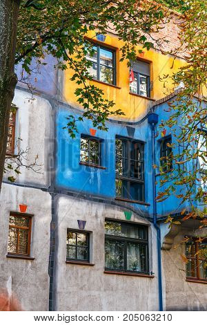 Vienna, Austria - October 14, 2016: Facade Of Huntdertwarsser House In Vienna. The Hundertwasser Hou