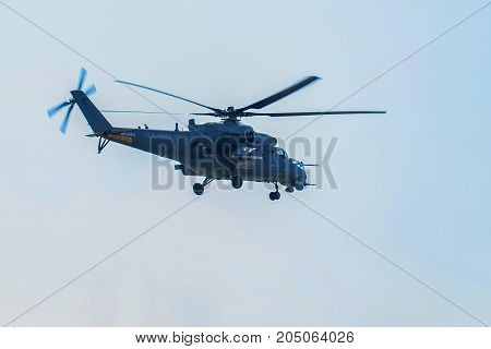 ROSTOV-ON-DON, RUSSIA - AUGUST, 2017: Mil Mi-35M Night attack version, is fitted with upgraded advanced avionics and sensor package