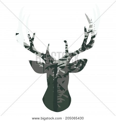 silhouette of a deer with pine forest white background, vector illustration