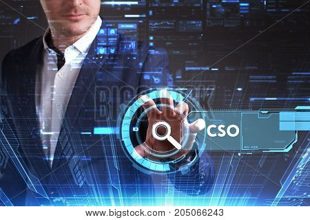 Business, Technology, Internet And Network Concept. Young Businessman Working On A Virtual Screen Of