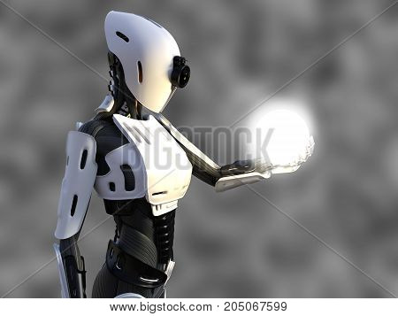 3D rendering of a female android robot holding a glowing sphere of energy or light in her hand against a gray background.