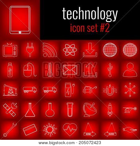 Technology. Icon set 2. White line icon on red gradient backgrpund.