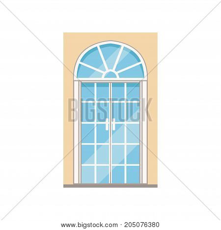 Double glass paned arched front doors, closed elegant white door vector illustration isolated on a white background