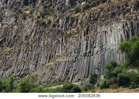 Rock formation basalt columns Symphony of the Stones near Garni Armenia selective focus.