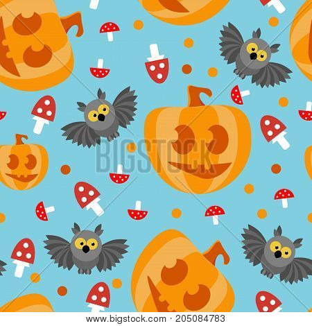 Seamless pattern. Halloween. Owl, pumpkin with a smile, mushrooms, toadstools against a blue background. Vector background.