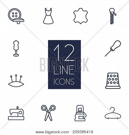 Collection Of Dress, Scissors, Dummy And Other Elements.  Set Of 12 Sewing Outline Icons Set.