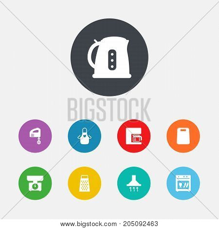 Collection Of Washing Machine, Extractor Hood, Electric Teapot And Other Elements.  Set Of 9 Kitchen Icons Set.