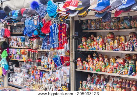 ST. PETERSBURG, RUSSIA - 2017 - Traditional Russian matryoshkas nesting dolls on display in a souvenir shop canal street trade in St. Petersburg, Russia. a set of Souvenirs on the streets of St. Petersburg