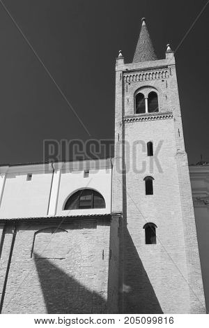 Forli (Emilia Romagna Italy): ancient church of Santissima Trinita exterior. Black and white