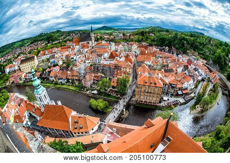 Aerial Panorama Of Cesky Krumlov. South Bohemia Czech Republic.