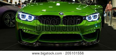 Sankt-Petersburg Russia July 21 2017: Front view of a BMW M4 sports car. M Performance Edition. Car exterior details. Photo Taken at Royal Auto Show July 21