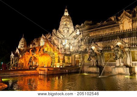 Main palace with elephant sculptures, in cultural theme park on the island of Phuket. Phuket FantaSea park