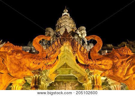 Decorative gate with elephant shape of main palace in cultural theme park on the island of Phuket. Phuket FantaSea park