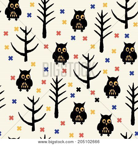 Black Owl Halloween pattern. Childish background. Holiday design. Vector illustration.