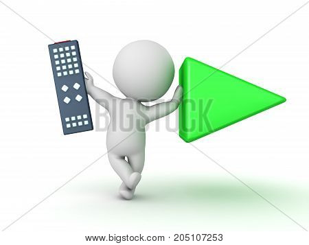 3D Character holding remote control and leaning on play button. Isolated on white.