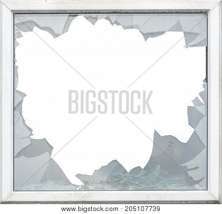 Isolated Smashed Glass In A Window Frame With White Background