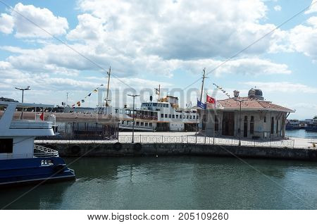 Public transport boat docked in Bostanci port in Istanbul