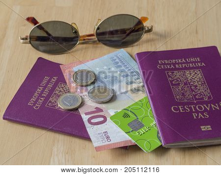 Travel South Europe - Five And Ten Euros Bank Bill And Two And One Euro Coins And Credit Card On Eu