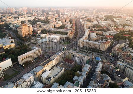 Aerial view of the central street of Kiev - Khreshchatyk, the European Square, Independence Square, Stalin and modern architecture. Ukraine