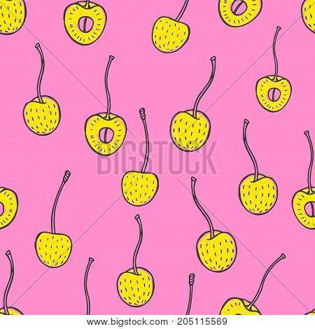 Seamless nature pattern with sketch of berries. Pink and yellow vector background with cherry. Tropical food.