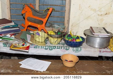 PONDICHERY PUDUCHERY INDIA - SEPTEMBER 04 2017. Child nursery in government school with a few toys. Very poor