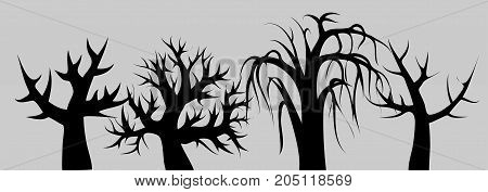 Black silhouette of a 4 curved deciduous trees in a frame on a gray background. Sketch minimalism