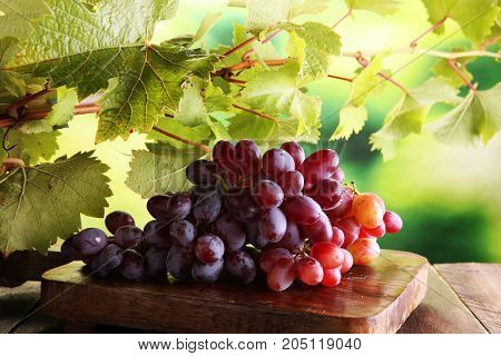 Grapes on wooden table and grape leaves . Healthy fresh fruit wine grapes.