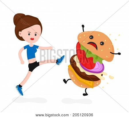 Young angry sport fitness shapely woman kick burger.Vector modern flat style cartoon character illustration. Isolated on white background.healthy eating, overweight concept