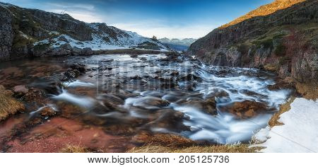 Waterfall in Aguas Tuertas valley in Pirineos
