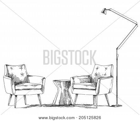 Contemporary modern interior hand drawing vector illustration.