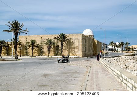 Mahdia.Tunisia.May 23 2017.The street and mosque of Mahdia in Tunisia