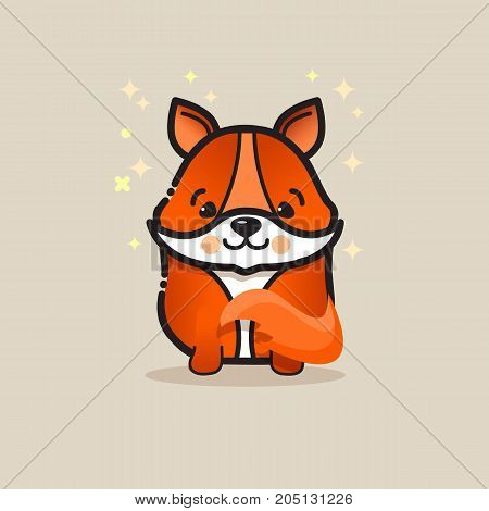 Cute fox  isolated on gray background. Lovely amusing animal. Little red fox icon. Vector logo design template in cartoon style. Emblem, mascot, sticker or badge for packaging or kids store.