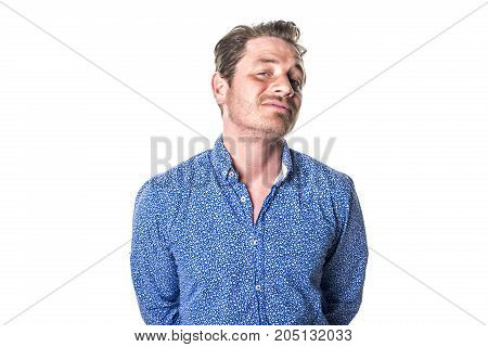 A Portrait of european man isolated over white background. Caucasian male model in studio shoot.