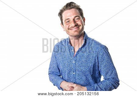 A Portrait of european man isolated over white background. Caucasian male model in studio shoot.