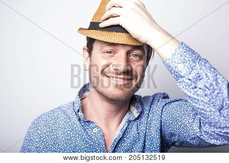 A Portrait of european man isolated over white background. Caucasian male model in studio shoot.
