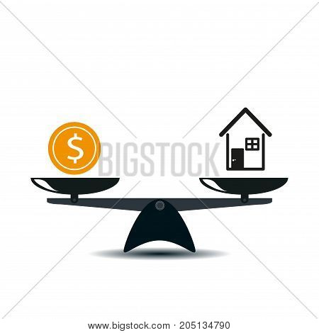 Money and house on the scales icon, vector. Scales with an money and house in a flat style. vector